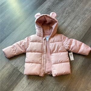 Old Navy Pink Hooded Baby Puffer Jacket with Ears 12-18 Month NWT